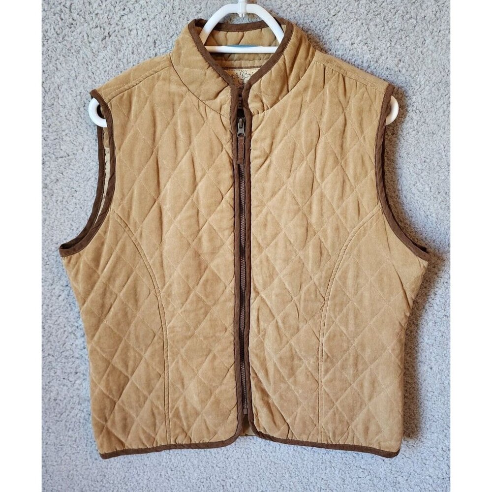 Bit & Bridle Women's Full Zip Up Quilted Puffer Vest Tan Suede Equestrian Size L